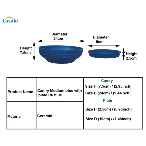 Camry_Medium_Blue_With_Plate_R6_Blue_Ceramic_Pots_For_Indoor_Plant,Bonsai,Planters,Gamla,Outdoor,Home,Garden,Succulent(Camry_Medium-H-7.5Cmxd-23Cm,Plate-H-2.5Xd-16)