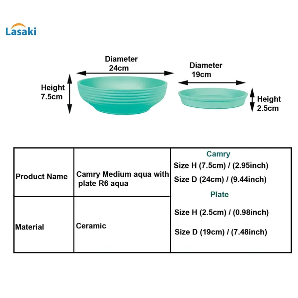 Camry_Medium_Aqua_With_Plate_R6_Aqua_Ceramic_Pots_For_Indoor_Plant,Bonsai,Planters,Gamla,Outdoor,Home,Garden,Succulent(Camry_Medium-H-7.5Cmxd-23Cm,Plate-H-2.5Xd-16)