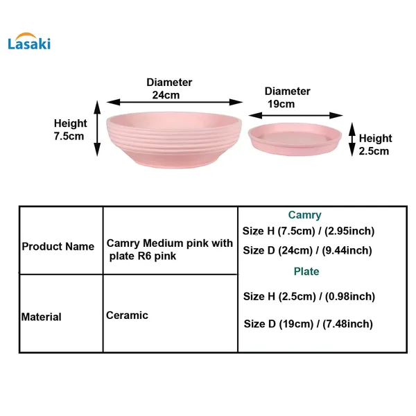 Camry_Medium_Pink_With_Plate_R6_Pink_Ceramic_Pots_For_Indoor_Plant,Bonsai,Planters,Gamla,Outdoor,Home,Garden,Succulent(Camry_Medium-H-7.5Cmxd-23Cm,Plate-H-2.5Xd-16)
