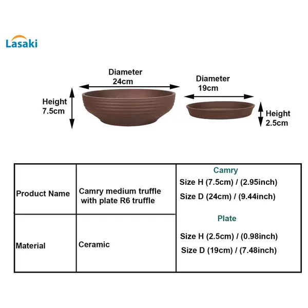 Camry_Medium_Truffle_With_Plate_R6_Truffle_Ceramic_Pots_For_Indoor,Bonsai,Planters,Gamla,Outdoor,Home,Garden(Camry_Medium-H-7.5Cmxd-23Cm,Plate-H-2.5Xd-16)