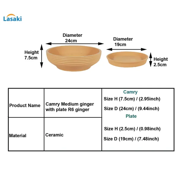 Camry_Medium_Ginger_With_Plate_R6_Ginger_Ceramic_Pots_For_Indoor,Bonsai,Gamla,Outdoor,Home,Garden(Camry_Medium-H-7.5Cmxd-23Cm,Plate-H-2.5Xd-16)