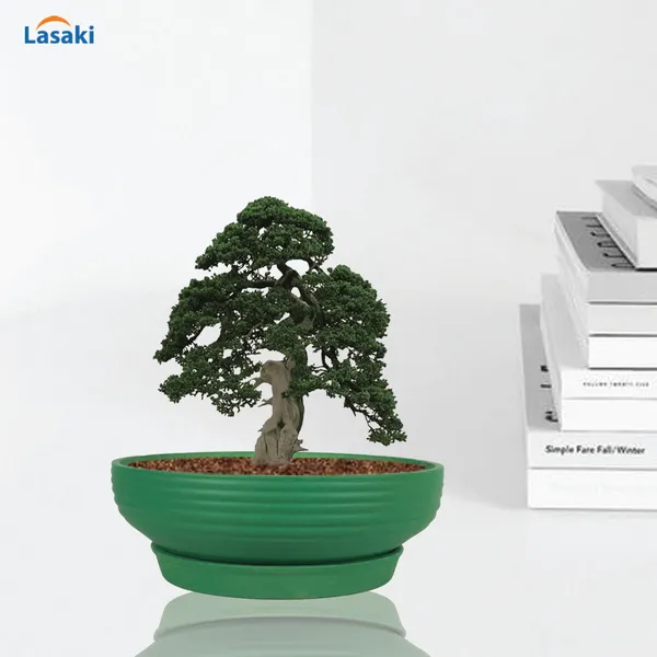 Camry_Medium_Deep_Jungle_With_Plate_R6_Deep_Jungle_Ceramic_Pots_For_Indoor,Bonsai,Planters,Home,Garden,Succulent(Camry_Medium-H-7.5Cmxd-23Cm,Plate-H-2.5Xd-16)