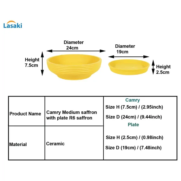 Camry_Medium_Saffron_With_Plate_R6_Saffron_Ceramic_Pots_For_Indoor,Bonsai,Planters,Gamla,Outdoor,Home,Garden(Camry_Medium-H-7.5Cmxd-23Cm,Plate-H-2.5Xd-16)