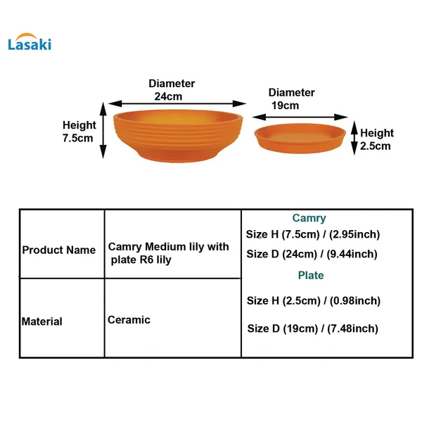 Camry_Medium_Lily_With_Plate_R6_Lily_Ceramic_Pots_For_Indoor_Plant,Bonsai,Planters,Gamla,Outdoor,Home,Garden,Succulent(Camry_Medium-H-7.5Cmxd-23Cm,Plate-H-2.5Xd-16)