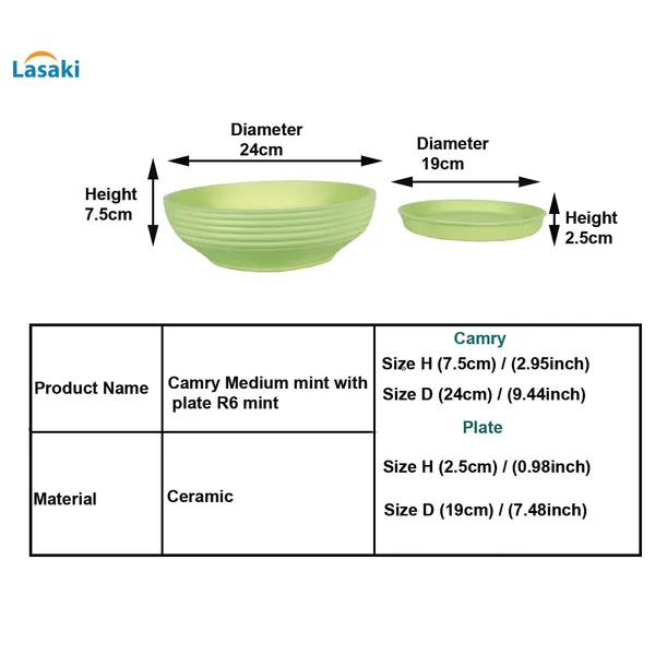 Camry_Medium_Mint_With_Plate_R6_Mint_Ceramic_Pots_For_Indoor_Plant,Bonsai,Planters,Gamla,Outdoor,Home,Garden,Succulent(Camry_Medium-H-7.5Cmxd-23Cm,Plate-H-2.5Xd-16)