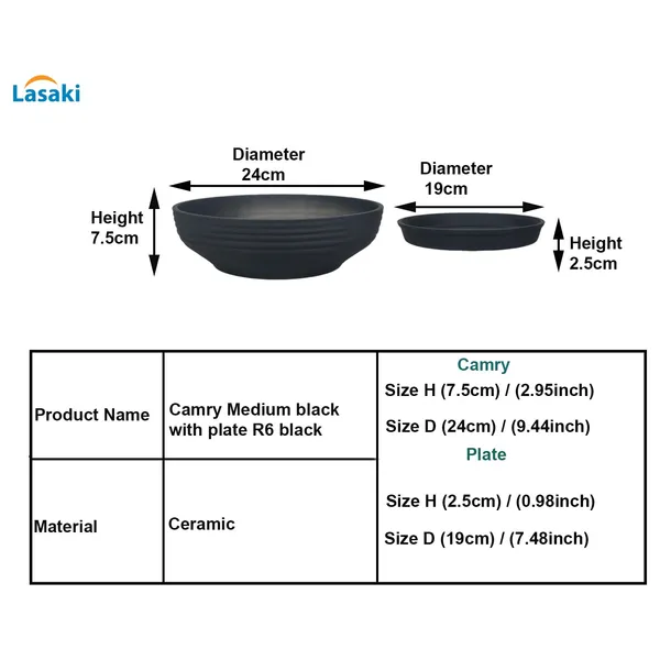 Camry_Medium_Black_With_Plate_R6_Black_Ceramic_Pots_For_Indoor_Plant,Bonsai,Planters,Gamla,Outdoor,Home,Garden,Succulent(Camry_Medium-H-7.5Cmxd-23Cm,Plate-H-2.5Xd-16)