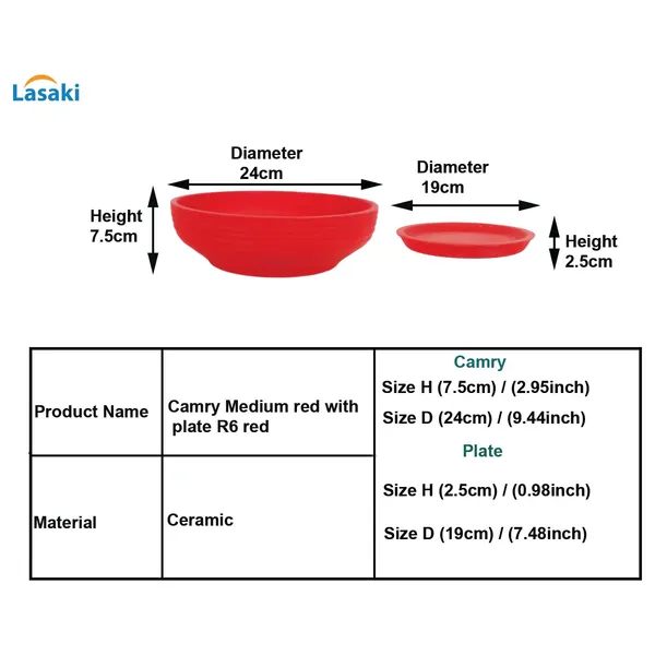 Camry_Medium_Red_With_Plate_R6_Red_Ceramic_Pots_For_Indoor_Plant,Bonsai,Planters,Gamla,Outdoor,Home,Garden,Succulent(Camry_Medium-H-7.5Cmxd-23Cm,Plate-H-2.5Xd-16)