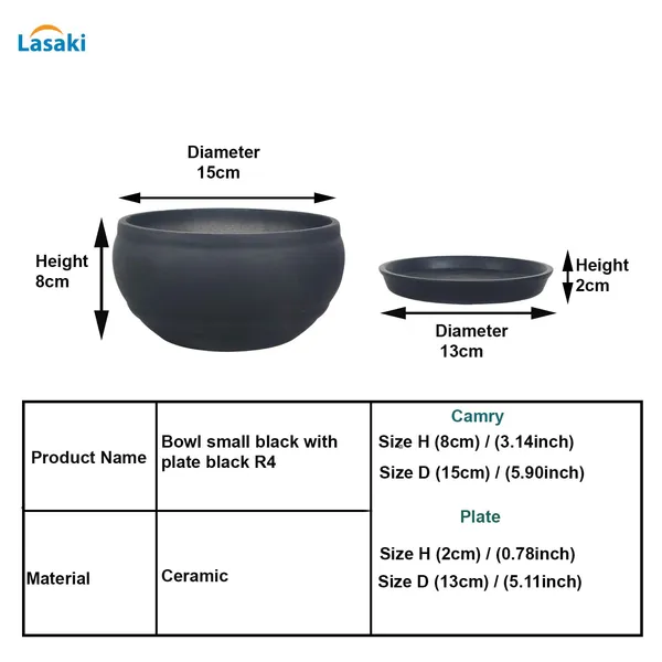 Bowl_Small_Black_With_Plate_Black_R4_Ceramic_Pots_For_Indoor_Plants,Planters,Flower,Gamla,Outdoor,Balcony,Home,Garden,Decor,Succulent(Bowl-H-8Cmxd-15Cm,Plate-H-2Xd-13Cm)
