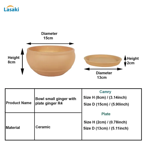 Bowl_Small_Ginger_With_Plate_Ginger_R4_Ceramic_Pots_For_Indoor_Plants,Planters,Flower,Gamla,Outdoor,Balcony,Home,Garden,Decor,Succulent(Bowl-H-8Cmxd-15Cm,Plate-H-2Xd-13Cm)