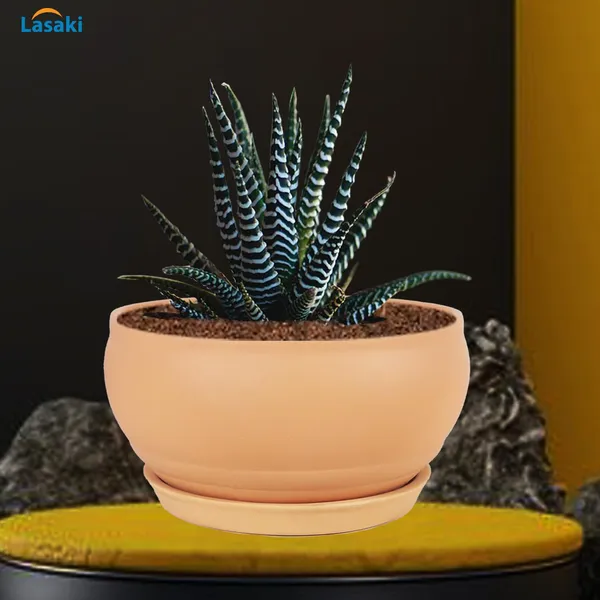 Bowl_Small_Ginger_With_Plate_Ginger_R4_Ceramic_Pots_For_Indoor_Plants,Planters,Flower,Gamla,Outdoor,Balcony,Home,Garden,Decor,Succulent(Bowl-H-8Cmxd-15Cm,Plate-H-2Xd-13Cm)