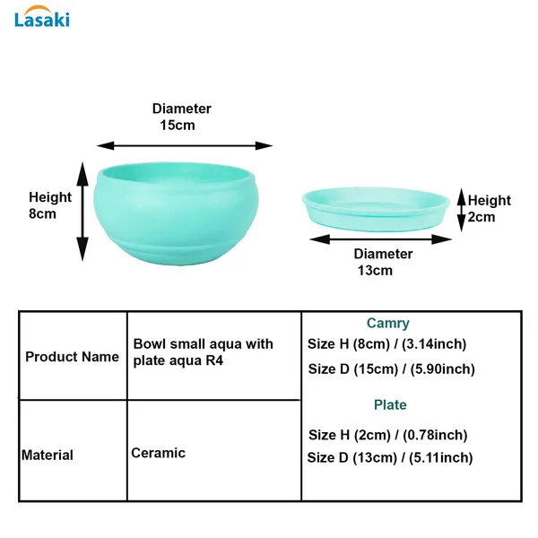 Bowl_Small_Aqua_With_Plate_Aqua_R4_Ceramic_Pots_For_Indoor_Plants,Planters,Flower,Gamla,Outdoor,Balcony,Home,Garden,Decor,Succulent(Bowl-H-8Cmxd-15Cm,Plate-H-2Xd-13Cm)
