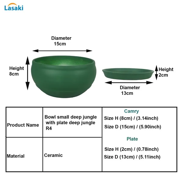 Bowl_Small_Deep_Jungle_With_Plate_Deep_Jungle_R4_Ceramic_Pots_For_Indoor_Planters,Flower,Gamla,Outdoor,Home,Garden,Decor,Succulent(Bowl-H-8Cmxd-15Cm,Plate-H-2Xd-13Cm)