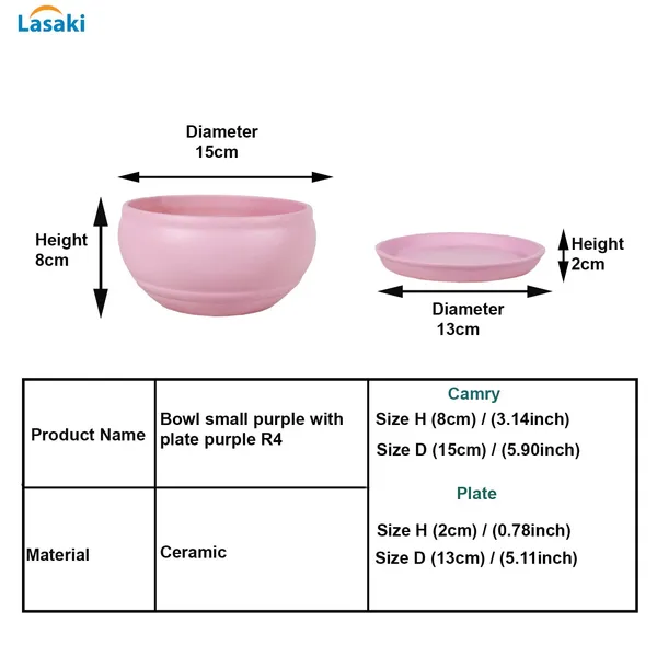 Bowl_Small_Purple_With_Plate_Purple_R4_Ceramic_Pots_For_Indoor_Plants,Planters,Flower,Gamla,Outdoor,Balcony,Home,Garden,Decor,Succulent(Bowl-H-8Cmxd-15Cm,Plate-H-2Xd-13Cm)