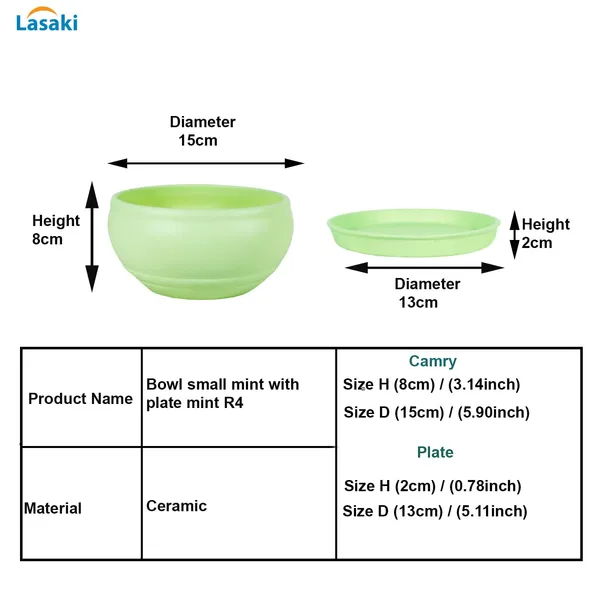 Bowl_Small_Mint_With_Plate_Mint_R4_Ceramic_Pots_For_Indoor_Plants,Planters,Flower,Gamla,Outdoor,Balcony,Home,Garden,Decor,Succulent(Bowl-H-8Cmxd-15Cm,Plate-H-2Xd-13Cm)
