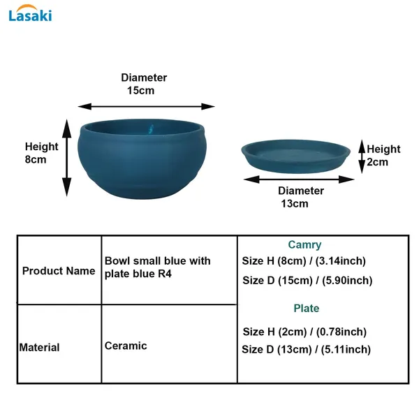 Bowl_Small_Blue_With_Plate_Blue_R4_Ceramic_Pots_For_Indoor_Plants,Planters,Flower,Gamla,Outdoor,Balcony,Home,Garden,Decor,Succulent(Bowl-H-8Cmxd-15Cm,Plate-H-2Xd-13Cm)