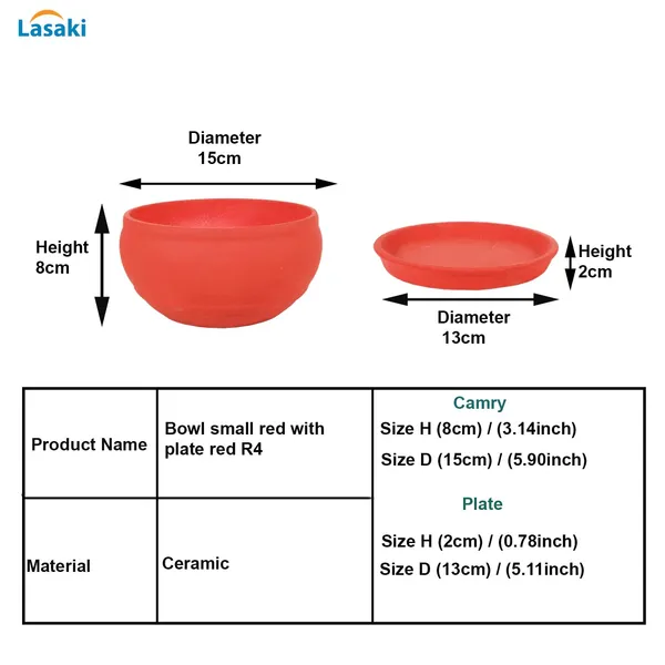 Bowl_Small_Red_With_Plate_Red_R4_Ceramic_Pots_For_Indoor_Plants,Planters,Flower,Gamla,Outdoor,Balcony,Home,Garden,Decor,Succulent(Bowl-H-8Cmxd-15Cm,Plate-H-2Xd-13Cm)