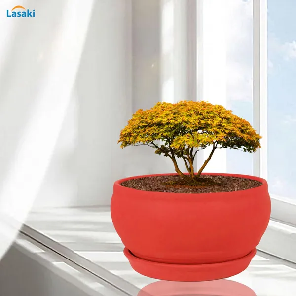 Bowl_Small_Red_With_Plate_Red_R4_Ceramic_Pots_For_Indoor_Plants,Planters,Flower,Gamla,Outdoor,Balcony,Home,Garden,Decor,Succulent(Bowl-H-8Cmxd-15Cm,Plate-H-2Xd-13Cm)