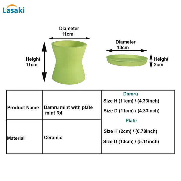 Damru_Mint_With_Plate_Mint_R4_Ceramic_Pots_For_Indoor_Plants,Planters,Flower,Gamla,Outdoor,Balcony,Home,Garden,Decor(Pot-H-11Cmxd-11Cm,Plate-H-2Xd-13Cm)