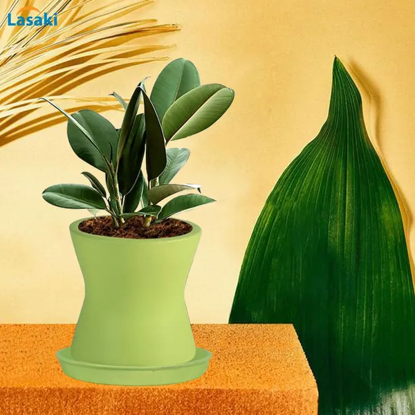 Damru_Mint_With_Plate_Mint_R4_Ceramic_Pots_For_Indoor_Plants,Planters,Flower,Gamla,Outdoor,Balcony,Home,Garden,Decor(Pot-H-11Cmxd-11Cm,Plate-H-2Xd-13Cm)