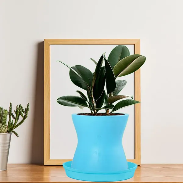 Damru_Aqua_With_Plate_Aqua_R4_Ceramic_Pots_For_Indoor_Plants,Planters,Flower,Gamla,Outdoor,Balcony,Home,Garden,Decor(Pot-H-11Cmxd-11Cm,Plate-H-2Xd-13Cm)