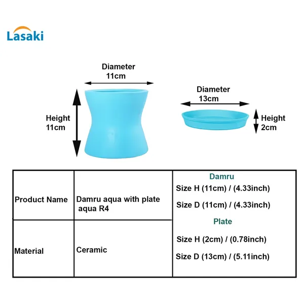 Damru_Aqua_With_Plate_Aqua_R4_Ceramic_Pots_For_Indoor_Plants,Planters,Flower,Gamla,Outdoor,Balcony,Home,Garden,Decor(Pot-H-11Cmxd-11Cm,Plate-H-2Xd-13Cm)