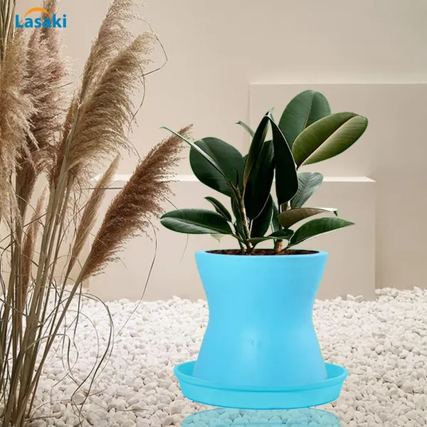 Damru_Aqua_With_Plate_Aqua_R4_Ceramic_Pots_For_Indoor_Plants,Planters,Flower,Gamla,Outdoor,Balcony,Home,Garden,Decor(Pot-H-11Cmxd-11Cm,Plate-H-2Xd-13Cm)