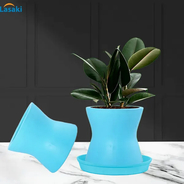 Damru_Aqua_With_Plate_Aqua_R4_Ceramic_Pots_For_Indoor_Plants,Planters,Flower,Gamla,Outdoor,Balcony,Home,Garden,Decor(Pot-H-11Cmxd-11Cm,Plate-H-2Xd-13Cm)