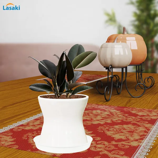 Damru_White_With_Plate_White_R4_Ceramic_Pots_For_Indoor_Plants,Planters,Flower,Gamla,Outdoor,Balcony,Home,Garden,Decor(Pot-H-11Cmxd-11Cm,Plate-H-2Xd-13Cm)