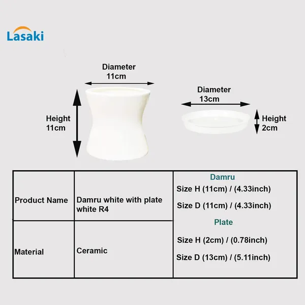 Damru_White_With_Plate_White_R4_Ceramic_Pots_For_Indoor_Plants,Planters,Flower,Gamla,Outdoor,Balcony,Home,Garden,Decor(Pot-H-11Cmxd-11Cm,Plate-H-2Xd-13Cm)