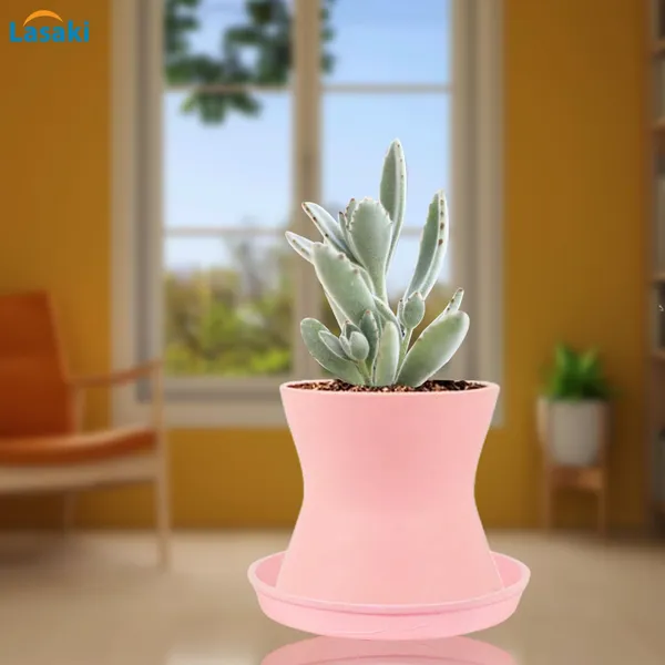 Damru_Pink_With_Plate_Pink_R4_Ceramic_Pots_For_Indoor_Plants,Planters,Flower,Gamla,Outdoor,Balcony,Home,Garden,Decor(Pot-H-11Cmxd-11Cm,Plate-H-2Xd-13Cm)