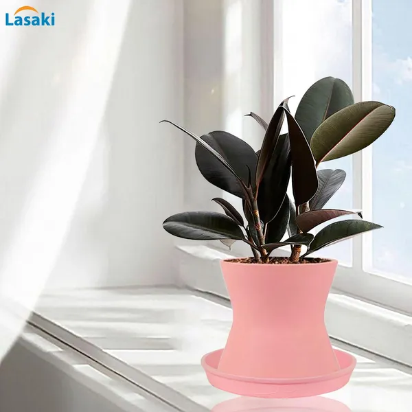 Damru_Pink_With_Plate_Pink_R4_Ceramic_Pots_For_Indoor_Plants,Planters,Flower,Gamla,Outdoor,Balcony,Home,Garden,Decor(Pot-H-11Cmxd-11Cm,Plate-H-2Xd-13Cm)