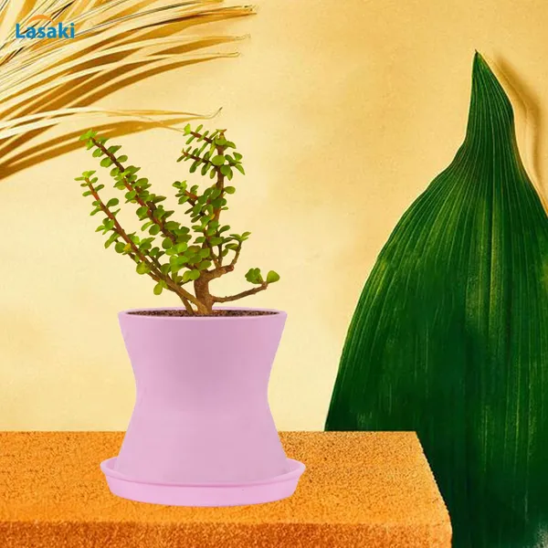 Damru_Purple_With_Plate_Purple_R4_Ceramic_Pots_For_Indoor_Plants,Planters,Flower,Gamla,Outdoor,Balcony,Home,Garden,Decor(Pot-H-11Cmxd-11Cm,Plate-H-2Xd-13Cm)