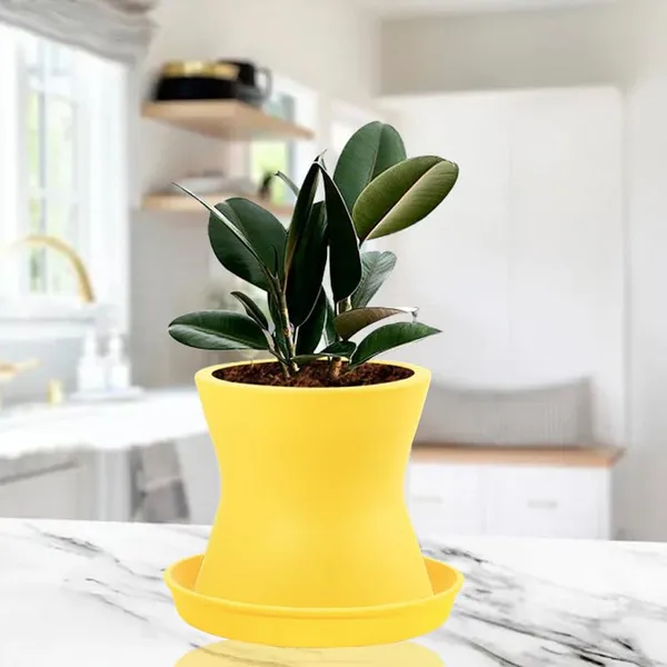 Damru_Saffron_With_Plate_Saffron_R4_Ceramic_Pots_For_Indoor_Plants,Planters,Flower,Gamla,Outdoor,Balcony,Home,Garden,Decor(Pot-H-11Cmxd-11Cm,Plate-H-2Xd-13Cm)