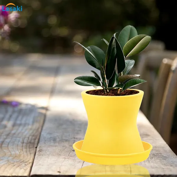 Damru_Saffron_With_Plate_Saffron_R4_Ceramic_Pots_For_Indoor_Plants,Planters,Flower,Gamla,Outdoor,Balcony,Home,Garden,Decor(Pot-H-11Cmxd-11Cm,Plate-H-2Xd-13Cm)