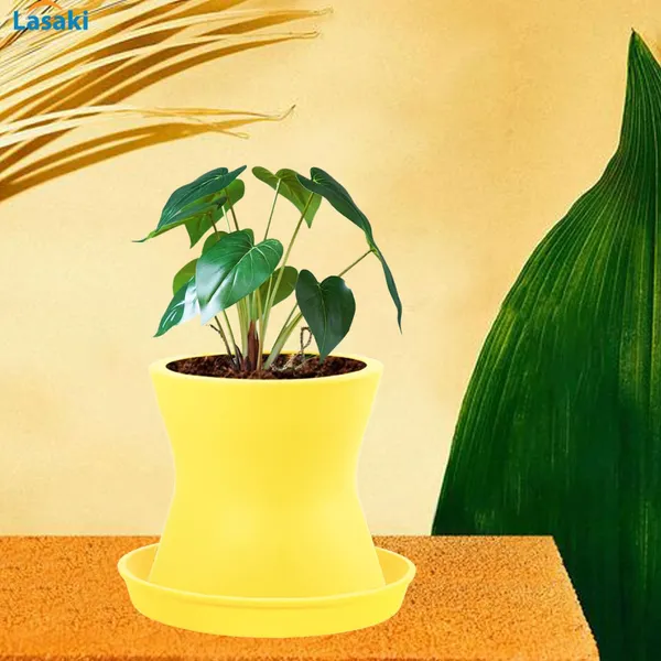 Damru_Saffron_With_Plate_Saffron_R4_Ceramic_Pots_For_Indoor_Plants,Planters,Flower,Gamla,Outdoor,Balcony,Home,Garden,Decor(Pot-H-11Cmxd-11Cm,Plate-H-2Xd-13Cm)