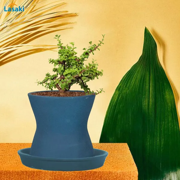 Damru_Blue_With_Plate_Blue_R4_Ceramic_Pots_For_Indoor_Plants,Planters,Flower,Gamla,Outdoor,Balcony,Home,Garden,Decor(Pot-H-11Cmxd-11Cm,Plate-H-2Xd-13Cm)