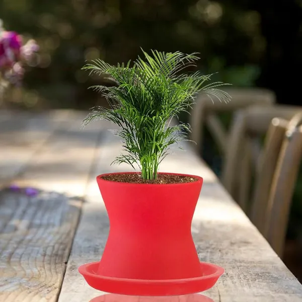 Damru_Red_With_Plate_Red_R4_Ceramic_Pots_For_Indoor_Plants,Planters,Flower,Gamla,Outdoor,Balcony,Home,Garden,Decor(Pot-H-11Cmxd-11Cm,Plate-H-2Xd-13Cm)