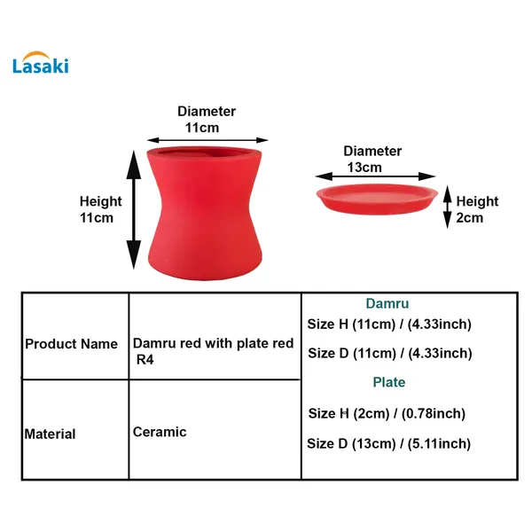 Damru_Red_With_Plate_Red_R4_Ceramic_Pots_For_Indoor_Plants,Planters,Flower,Gamla,Outdoor,Balcony,Home,Garden,Decor(Pot-H-11Cmxd-11Cm,Plate-H-2Xd-13Cm)