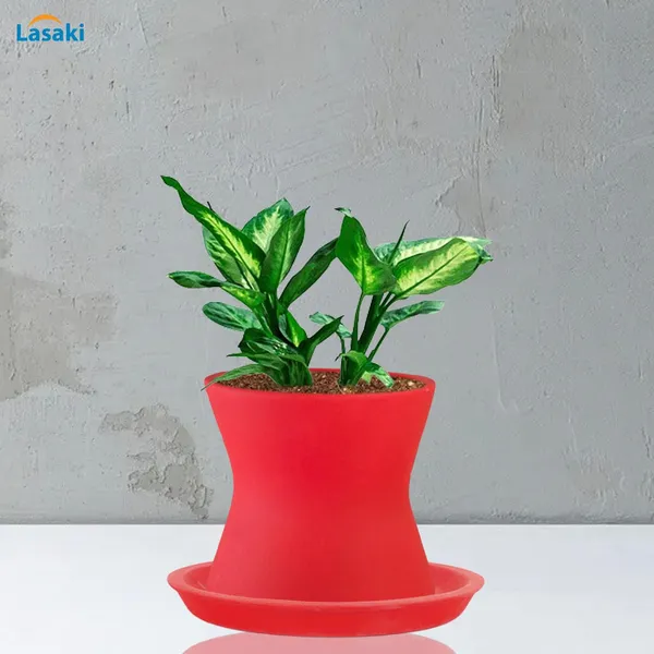 Damru_Red_With_Plate_Red_R4_Ceramic_Pots_For_Indoor_Plants,Planters,Flower,Gamla,Outdoor,Balcony,Home,Garden,Decor(Pot-H-11Cmxd-11Cm,Plate-H-2Xd-13Cm)