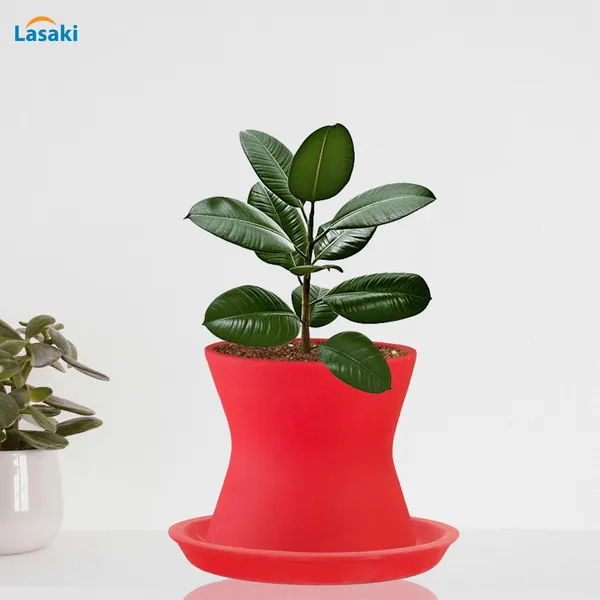 Damru_Red_With_Plate_Red_R4_Ceramic_Pots_For_Indoor_Plants,Planters,Flower,Gamla,Outdoor,Balcony,Home,Garden,Decor(Pot-H-11Cmxd-11Cm,Plate-H-2Xd-13Cm)