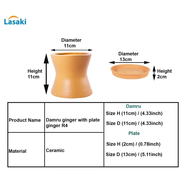 Damru_Ginger_With_Plate_Ginger_R4_Ceramic_Pots_For_Indoor_Plants,Planters,Flower,Gamla,Outdoor,Balcony,Home,Garden,Decor(Pot-H-11Cmxd-11Cm,Plate-H-2Xd-13Cm)