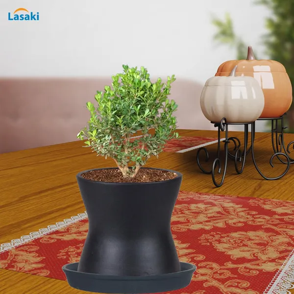 Damru_Black_With_Plate_Black_R4_Ceramic_Pots_For_Indoor_Plants,Planters,Flower,Gamla,Outdoor,Balcony,Home,Garden,Decor(Pot-H-11Cmxd-11Cm,Plate-H-2Xd-13Cm)