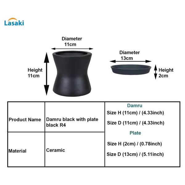 Damru_Black_With_Plate_Black_R4_Ceramic_Pots_For_Indoor_Plants,Planters,Flower,Gamla,Outdoor,Balcony,Home,Garden,Decor(Pot-H-11Cmxd-11Cm,Plate-H-2Xd-13Cm)