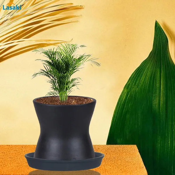 Damru_Black_With_Plate_Black_R4_Ceramic_Pots_For_Indoor_Plants,Planters,Flower,Gamla,Outdoor,Balcony,Home,Garden,Decor(Pot-H-11Cmxd-11Cm,Plate-H-2Xd-13Cm)