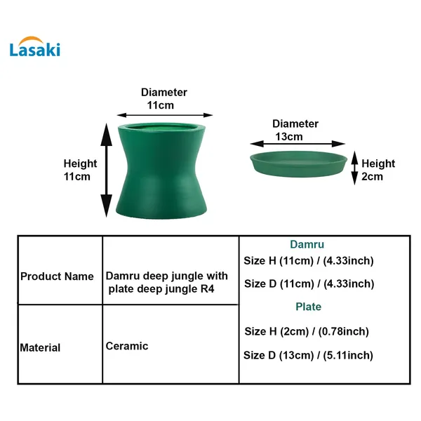 Damru_Deep_Jungle_With_Plate_Deep_Jungle_R4_Ceramic_Pots_For_Indoor_Plants,Planters,Flower,Gamla,Balcony,Home,Garden,Decor(Pot-H-11Cmxd-11Cm,Plate-H-2Xd-13Cm)