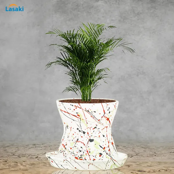 Damru_Multi_With_Plate_Multi_R4_Ceramic_Pots_For_Indoor_Plants,Planters,Flower,Gamla,Outdoor,Balcony,Home,Garden,Decor(Pot-H-11Cmxd-11Cm,Plate-H-2Xd-13Cm)