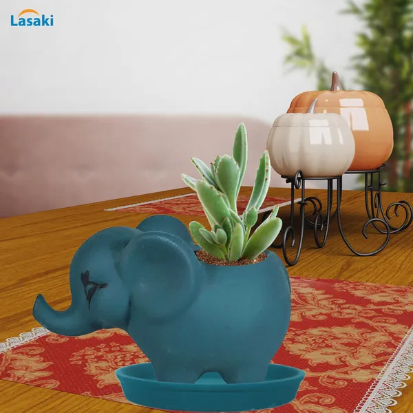 Jumbo_Blue_With_Plate_Blue_R4_Ceramic_Pots_For_Indoor_Plants,Planters,Flower,Gamla,Outdoor,Balcony,Home,Garden,Decor(Pot-L-18_X_W-10_X_H-12_Cm,Plate-H-2Xd-13Cm)