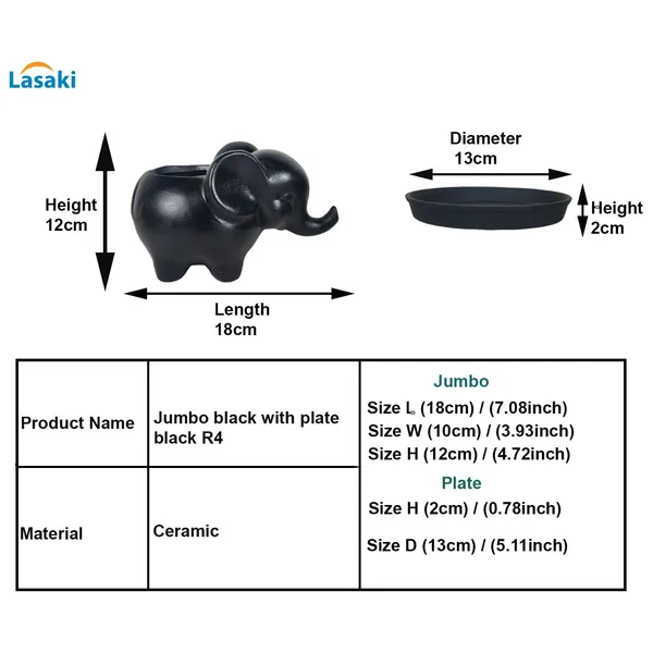Jumbo_Black_With_Plate_Black_R4_Ceramic_Pots_For_Indoor_Plants,Planters,Flower,Gamla,Outdoor,Balcony,Home,Garden,Decor(Pot-L-18_X_W-10_X_H-12_Cm,Plate-H-2Xd-13Cm)