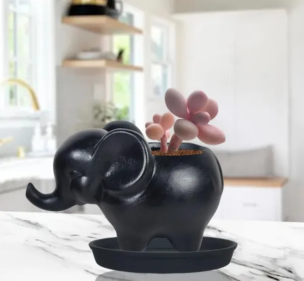Jumbo_Black_With_Plate_Black_R4_Ceramic_Pots_For_Indoor_Plants,Planters,Flower,Gamla,Outdoor,Balcony,Home,Garden,Decor(Pot-L-18_X_W-10_X_H-12_Cm,Plate-H-2Xd-13Cm)