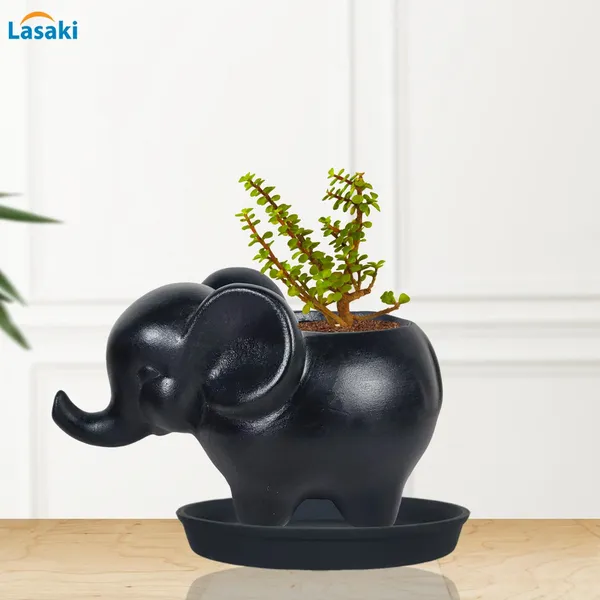 Jumbo_Black_With_Plate_Black_R4_Ceramic_Pots_For_Indoor_Plants,Planters,Flower,Gamla,Outdoor,Balcony,Home,Garden,Decor(Pot-L-18_X_W-10_X_H-12_Cm,Plate-H-2Xd-13Cm)